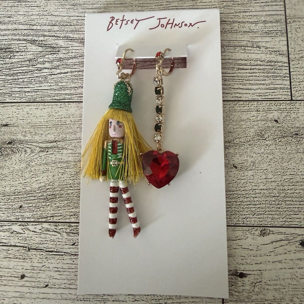 BETSEY JOHNSON Christmas Green Red Nutcracker Doll Heart Mismatched Earrings NWT